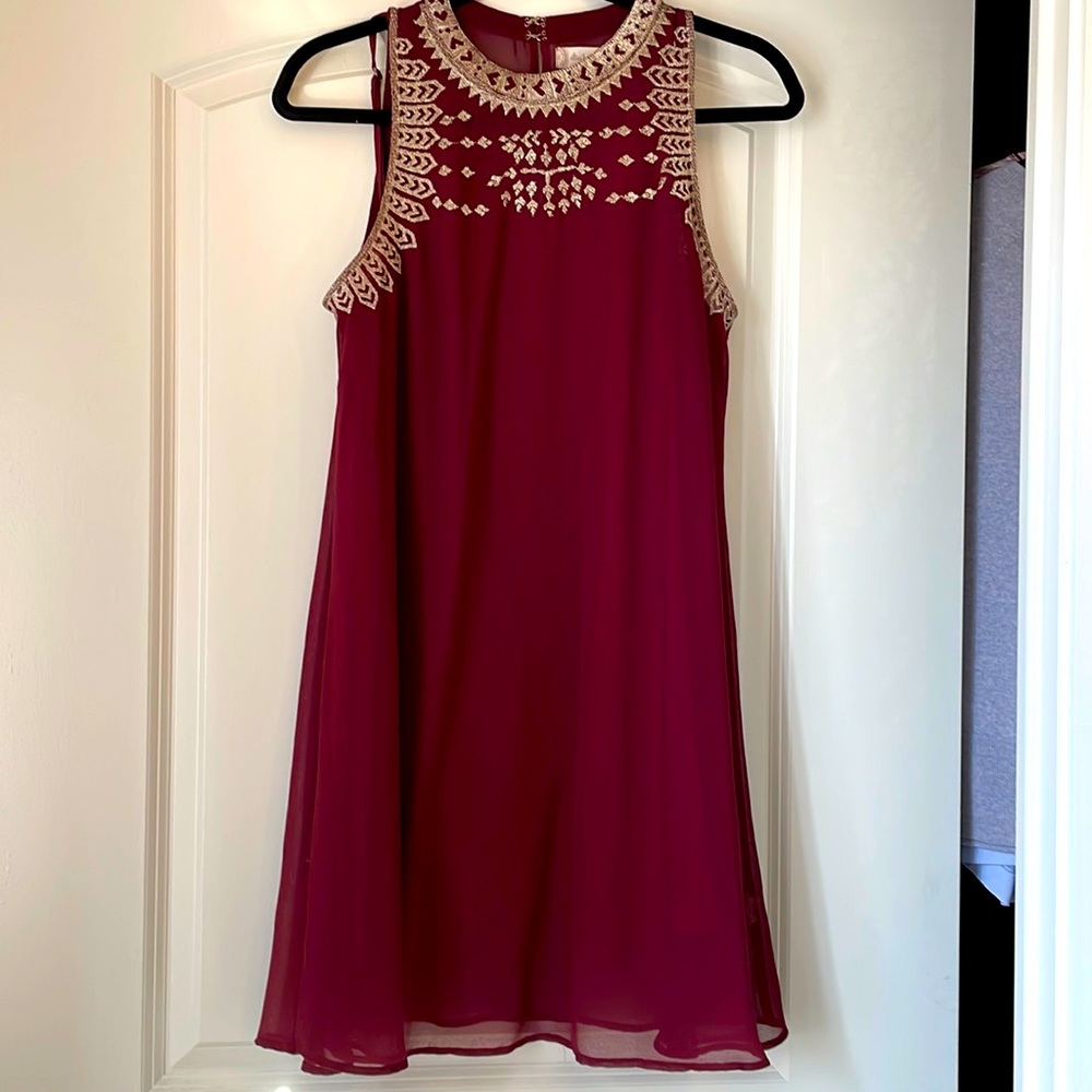 Altar’d State Maroon A-Line Dress with Gold Embroidery